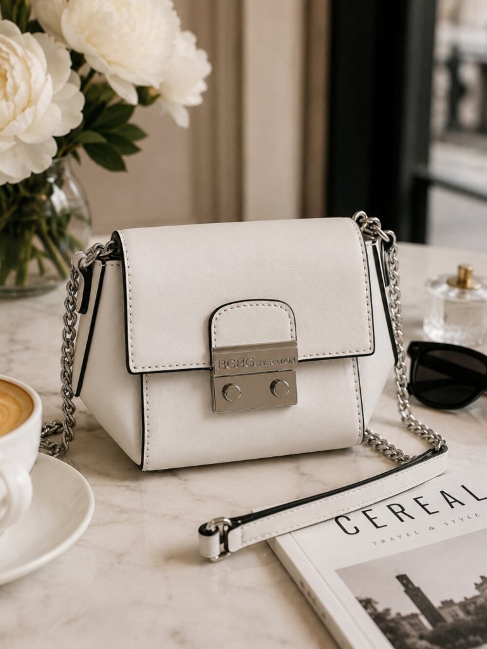 BCBG Generation Ivory Mini Crossbody Bag Silver Tone Chain Strap